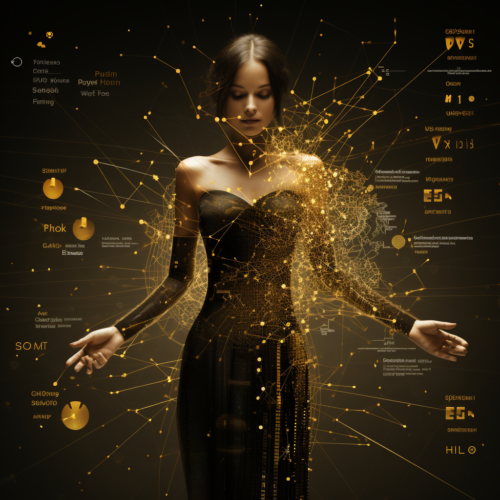 Woman in black dress immersed in data