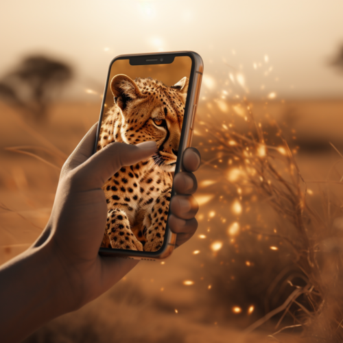 hand holding cellphone with picture of a cheetah
