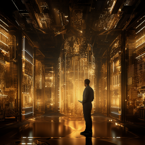 man standing in gold lit server room