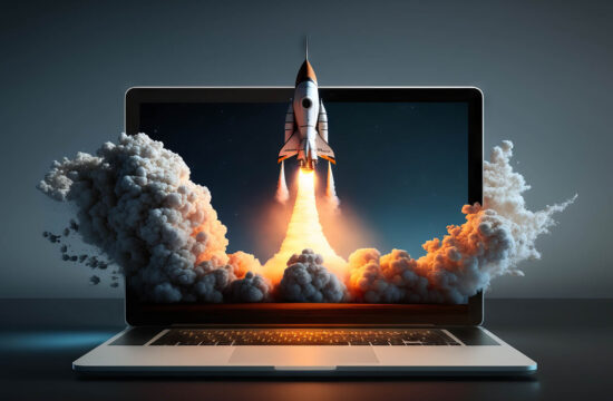Rocket launch from a laptop screen.
