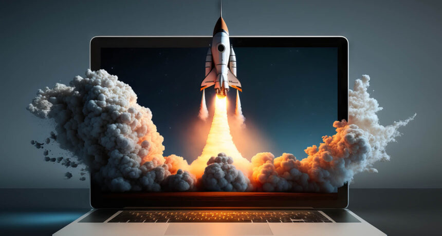 Rocket launch from a laptop screen.
