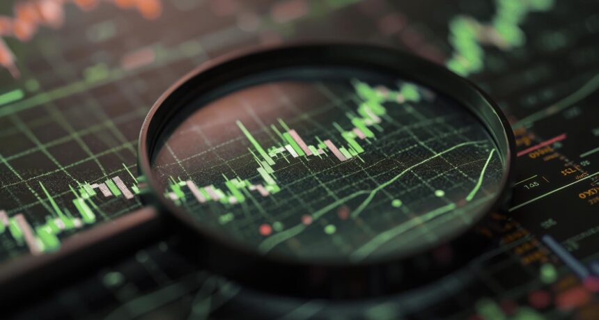 Magnifier glass over financial data chart illuminated by blue, pink neon light. Analyzing stock market with diagrams, search engine optimization SEO, data analytics,
