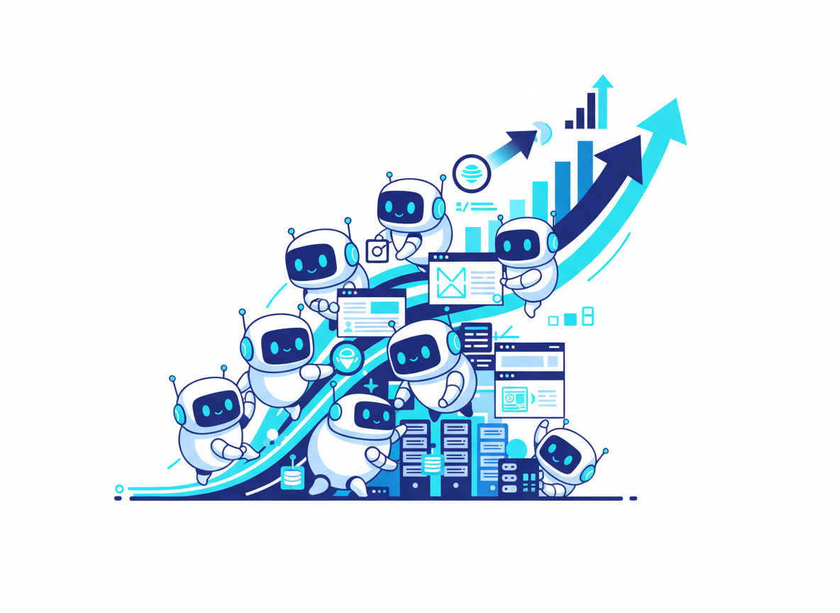cute robots organizing and building data improving technical seo on upward arrow