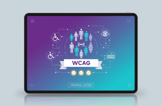 Tablet showing a WCAG universal access graphic with accessibility icons