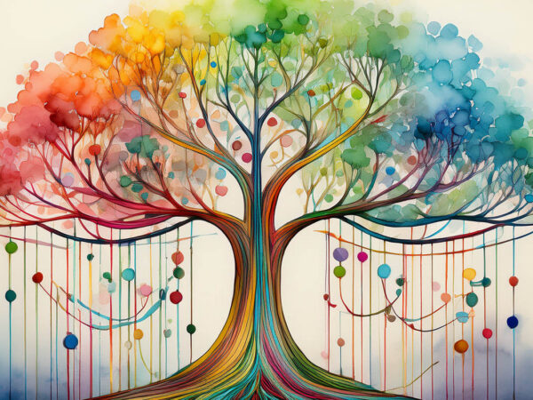 Colorful Watercolor Tree with small ranking tags hanging from it
