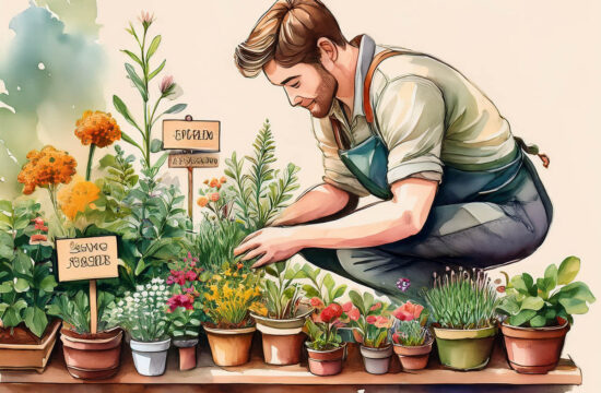 Watercolor of a gardener choosing between potted plants of different sizes