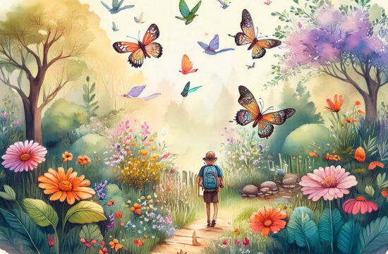 watercolor of person walking down path with butterflies and birds rising around them
