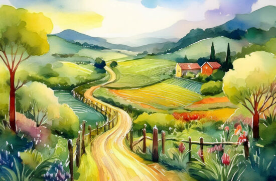 Watercolor of a clear path to follow through a garden