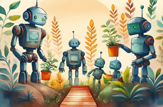 Watercolor of robots walking along a garden path