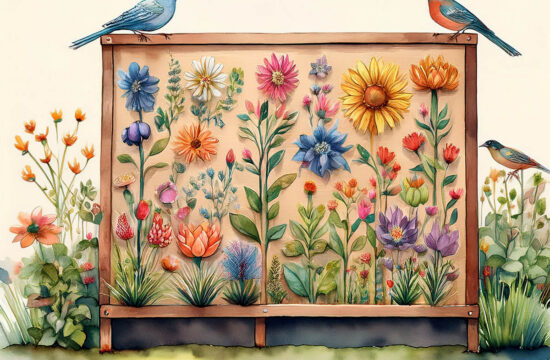 Flowers displayed on bulletin board in garden