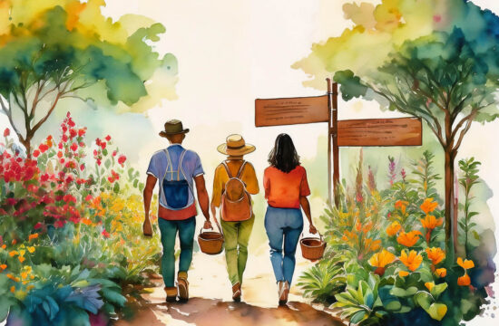Watercolor of 3 people walking through the garden with different intents