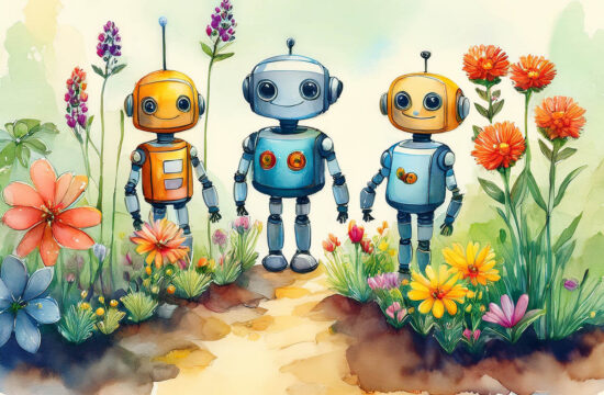 Watercolor of small robots repairing plants in a garden