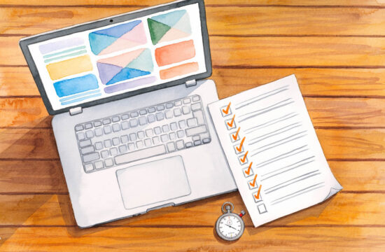 Watercolor of a laptop showing a website layout beside a ten-item checklist with orange checkmarks and a stopwatch