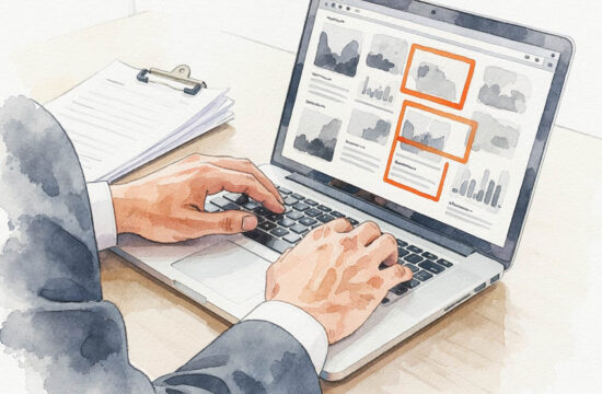 Watercolor of hands typing on a laptop with website sections outlined in orange, next to a clipboard of audit notes