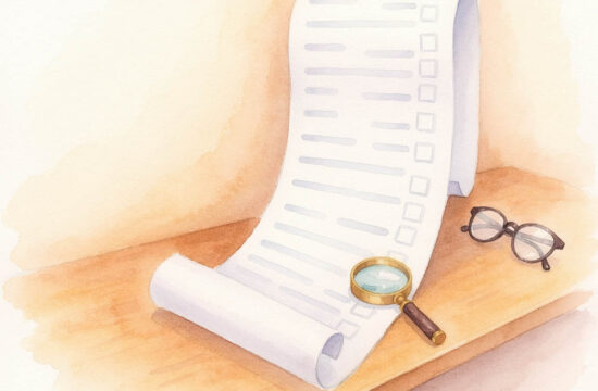 Watercolor of a long paper checklist scroll unrolling across a desk with a magnifying glass and reading glasses