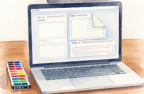 Watercolor of a laptop showing a web page with a page corner peeling back, a watercolor palette beside it